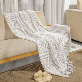Chunky Knit Throw Blanket AntiqueWhite 130x170 cm